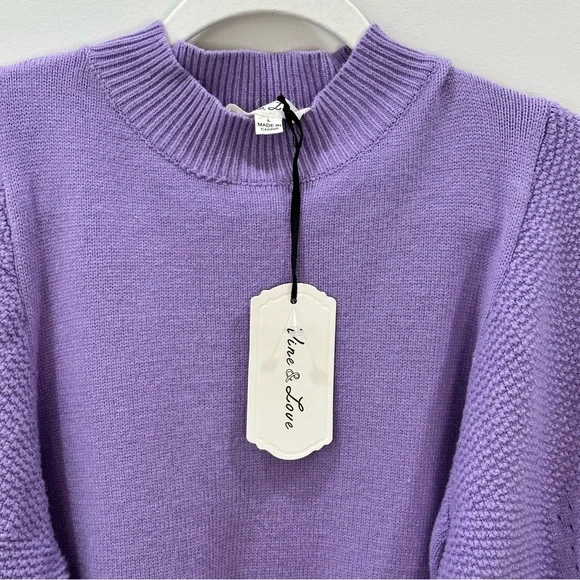 Vine & Love Purple Pom Pom Sleeve Sweater Large NWT Lavender Balloon Sleeve Knit - Picture 3 of 9